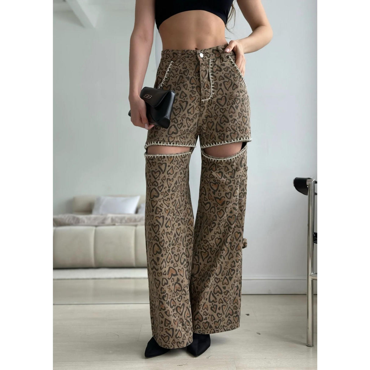 Pantalones anchos de mezclilla con patchwork de leopardo y cintura alta