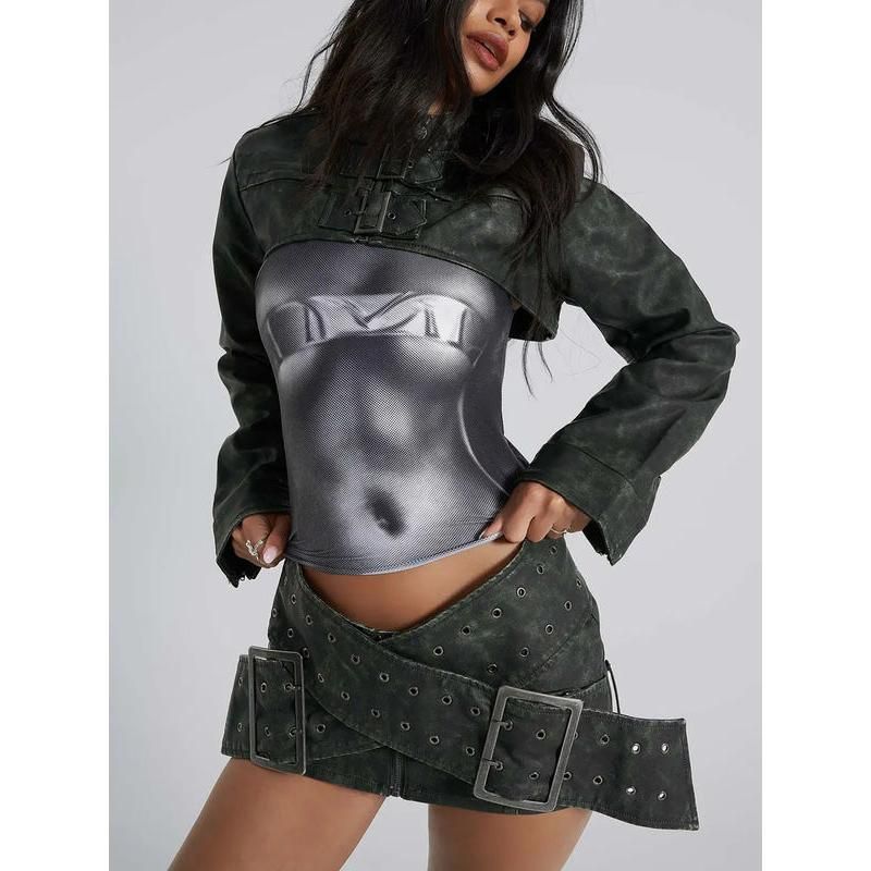 Cyberpunk Y2K Faux Leather Wrap-Around Micro Mini Skirt with Belt