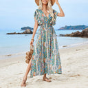 Vestido largo con estampado, cuello en V y volantes de rayón para mujer