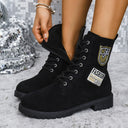 Women's Round-Toe PU Chunky-Heel Lace-Up Boots