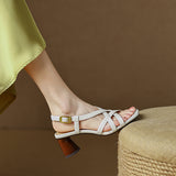 Thick Heel Leather Sandals with Ankle Strap for Women - Elegant and Versatile