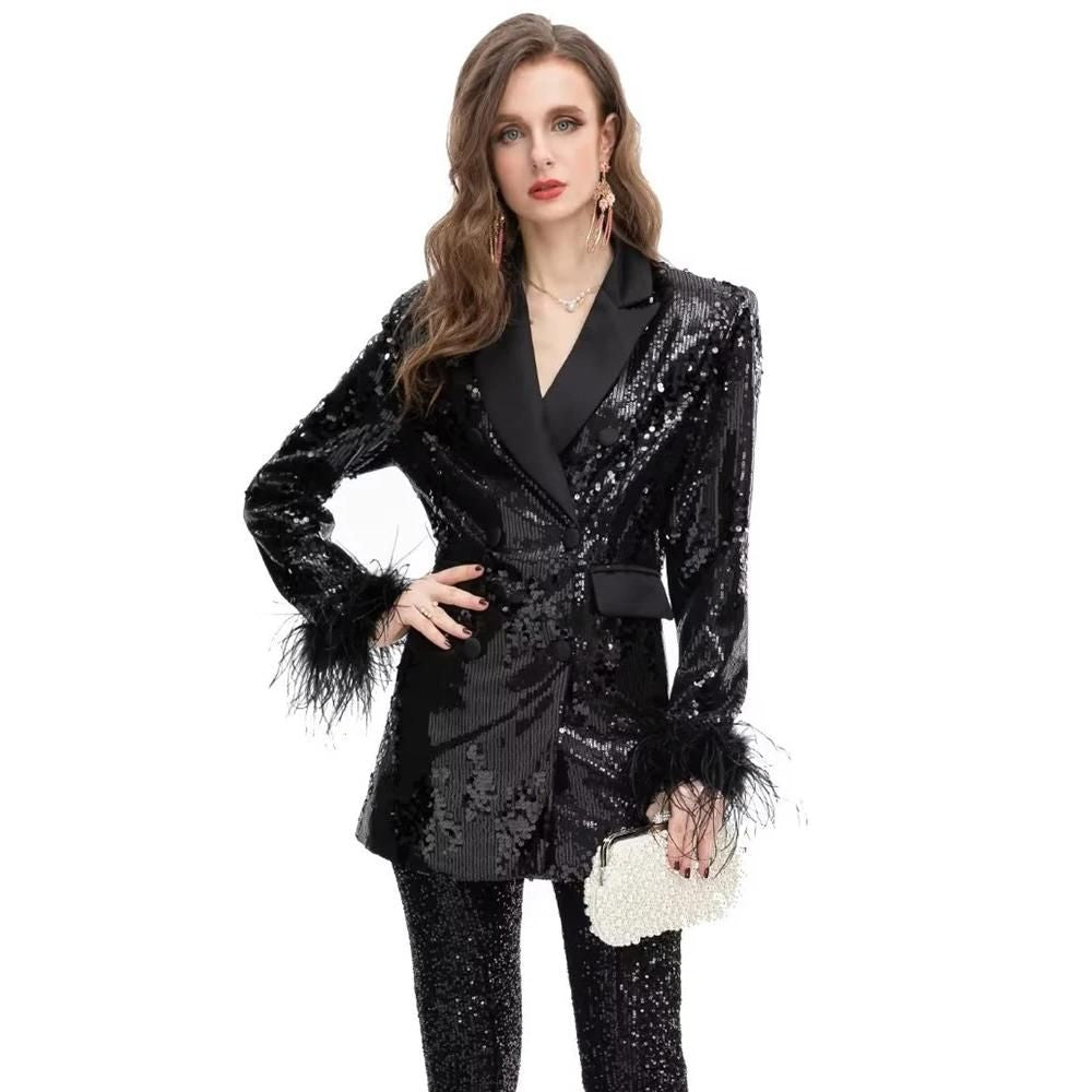 Elegant Feather Sequin Blazer