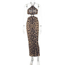 Vestido largo de mujer con estampado de leopardo, cuello halter y espalda descubierta