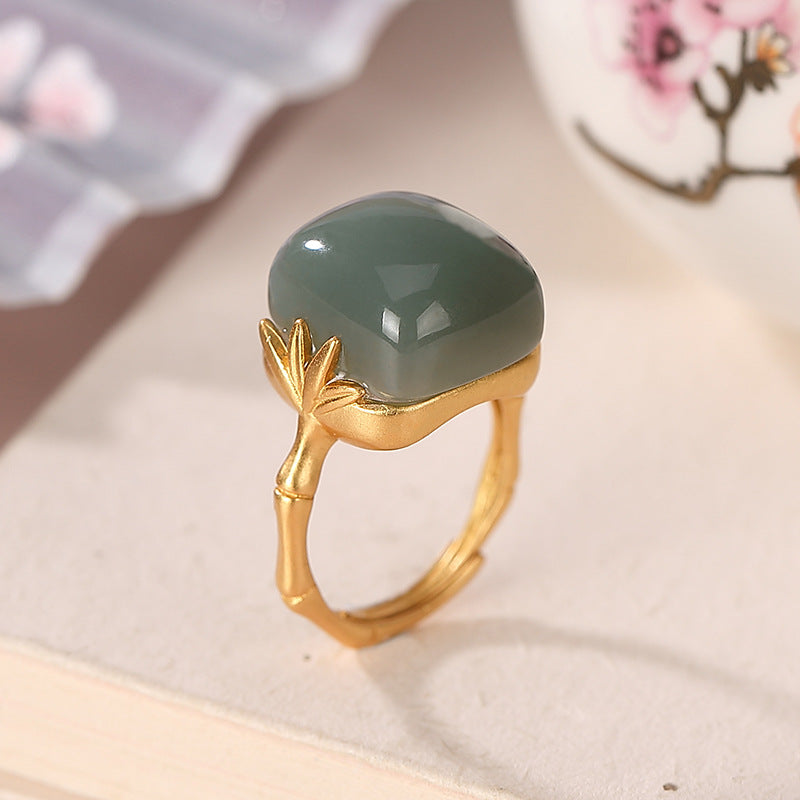 Women's Fashion Sterling Silver Gold Plated Hetian Jade Ring - Dazpy