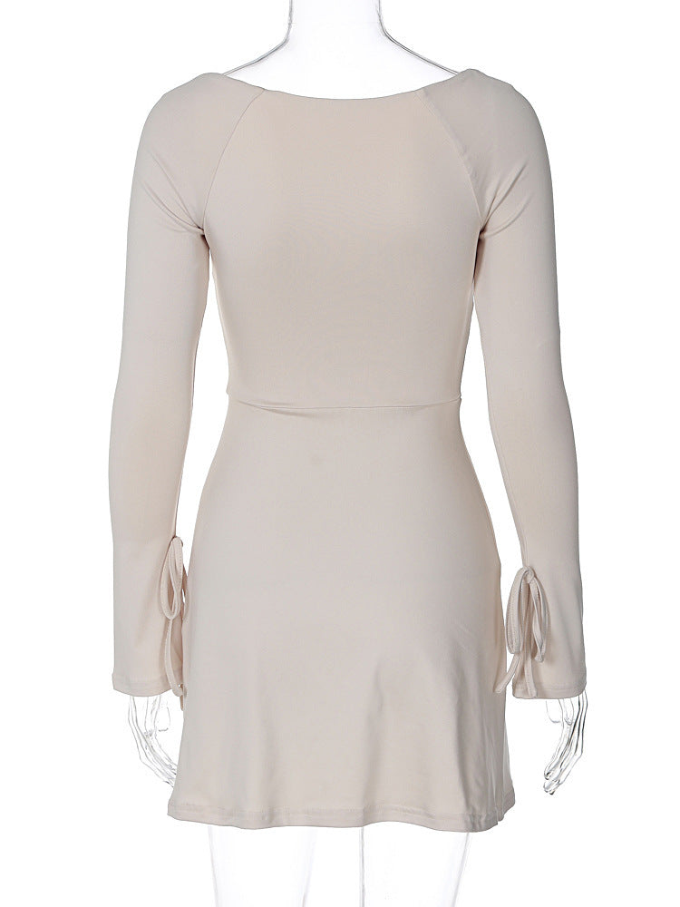 Square Collar Slimming High Waist Bell Sleeve Dress