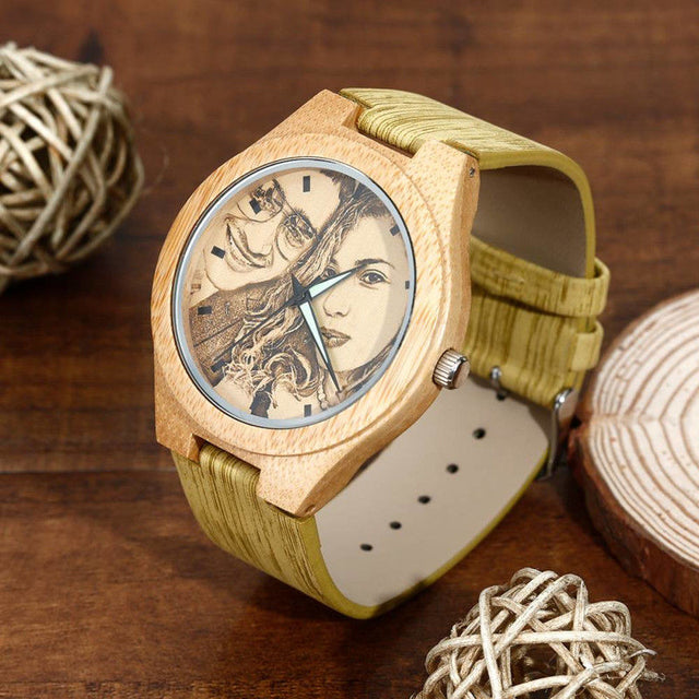 Women's Engraved Bamboo Photo Watch Wooden Leather Strap 40mm - Dazpy