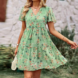 Elegant Spring Summer V-neck Chiffon A-line Dress with Flying Sleeves