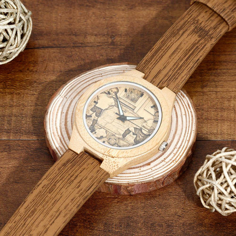 Women's Engraved Bamboo Photo Watch Wooden Leather Strap 40mm - Dazpy