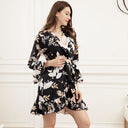 Women's Black Printed Bell-Sleeve Asymmetric Mini Dress