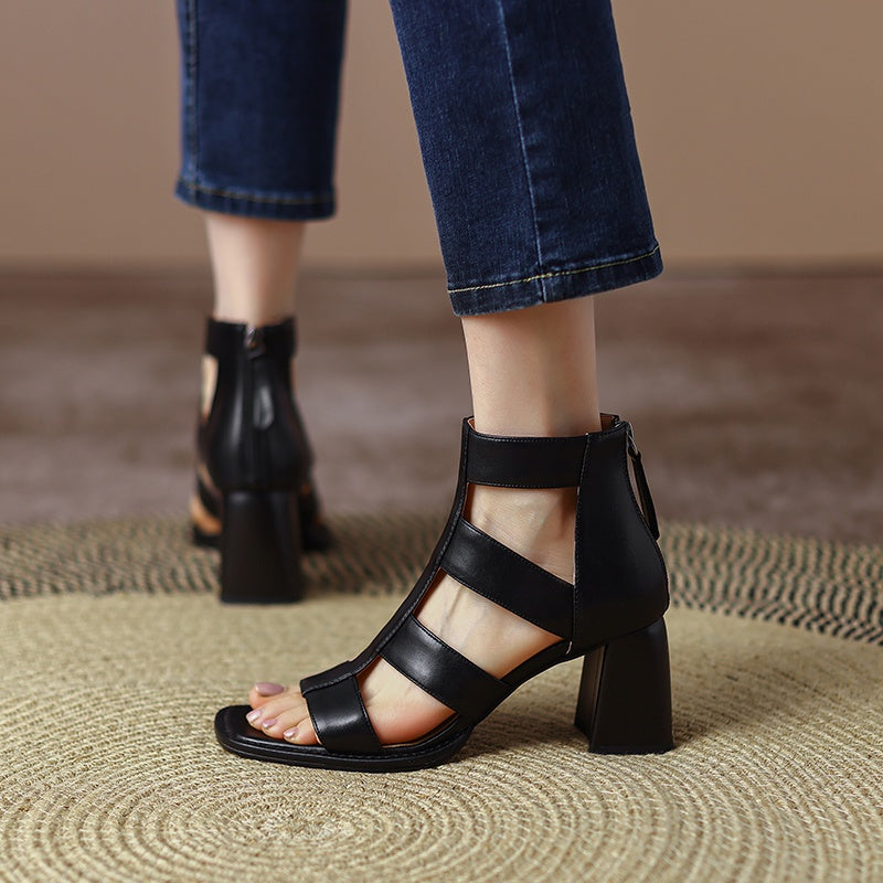 Luxurious Leather Gladiator Sandals with Square Heel and Buckle Strap