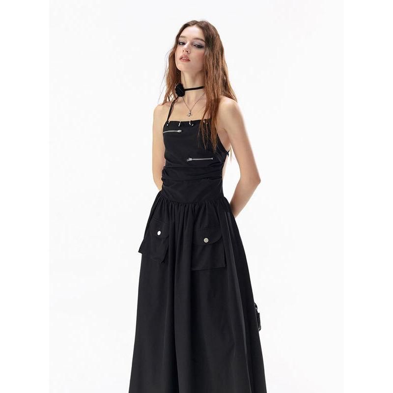 Elegant Basic Solid Black Backless Bandage Maxi Dress with Pockets