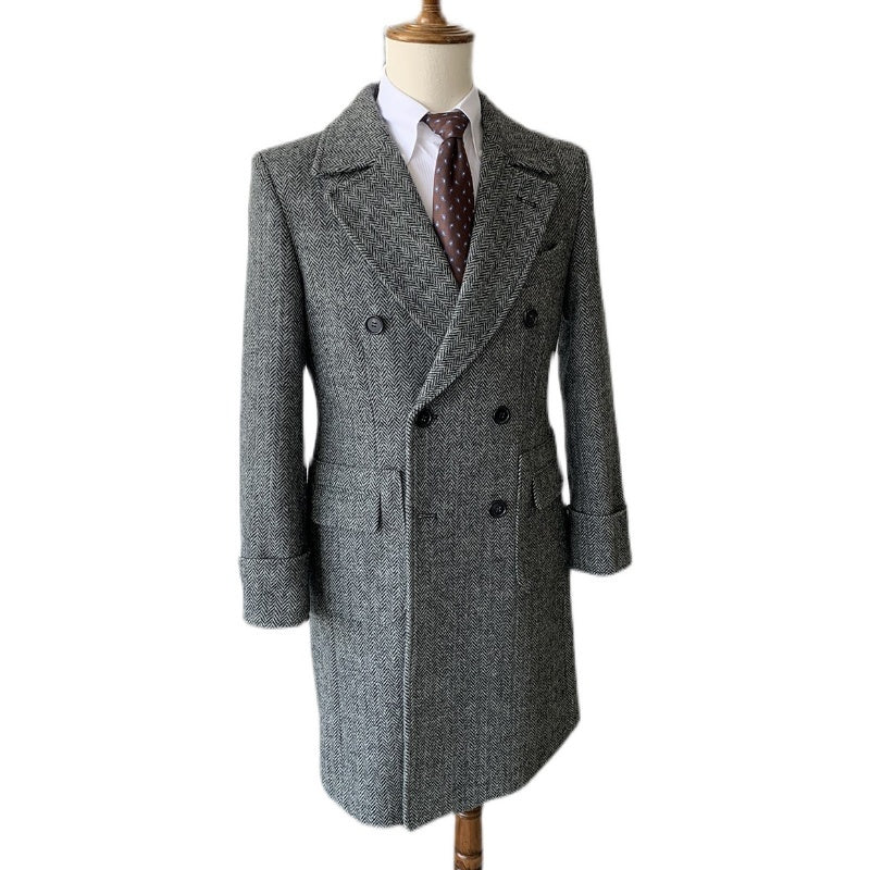 Polo Double Breasted Slim Vintage Tweed Men's Long English Wool Lapel Herringbone Coat