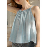 Top corto vintage de lino a rayas azules con cuello halter