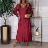 Ladies New V-neck Long Sleeve Autumn Solid Color Dress