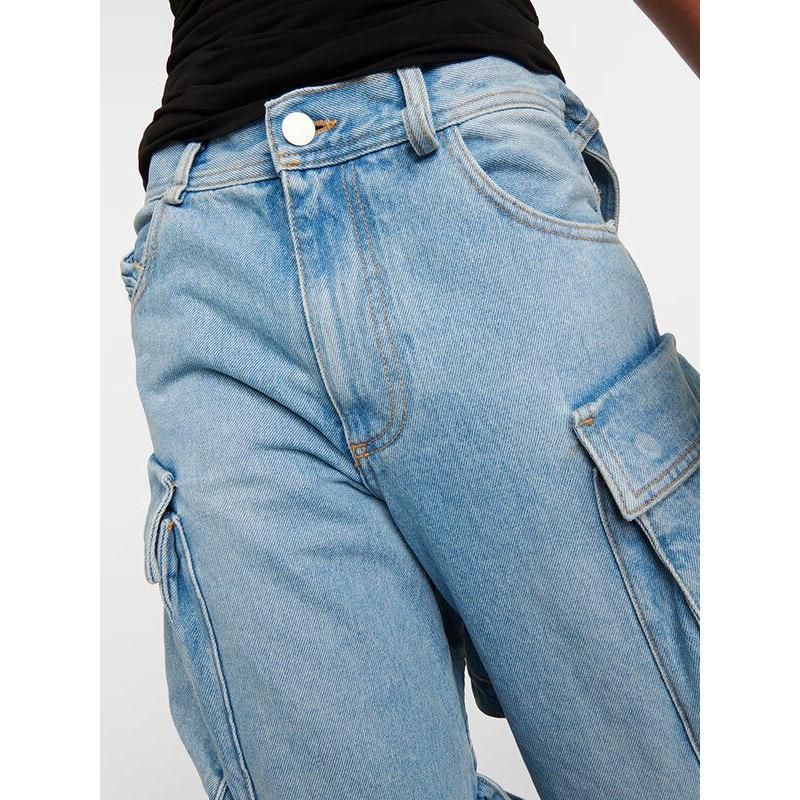 High Waist Spliced Cargo Denim Trousers