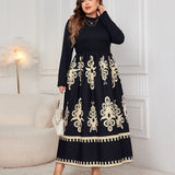 Printed Black Plus Size Loose Long Sleeve Dress