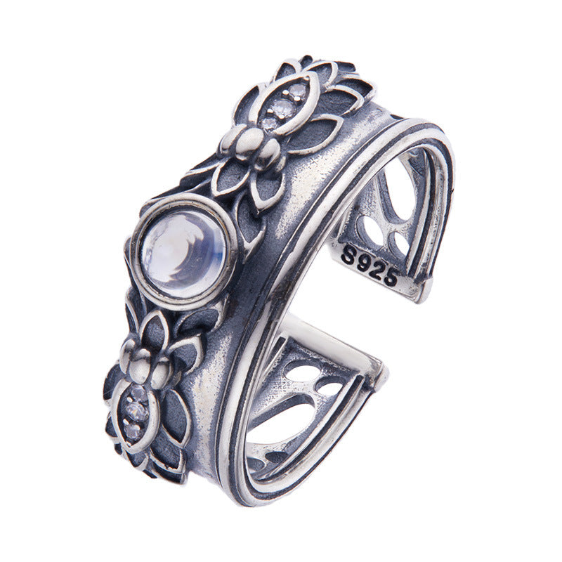 Natural Moonstone Ring Female S925 Sterling Silver Retro - Dazpy