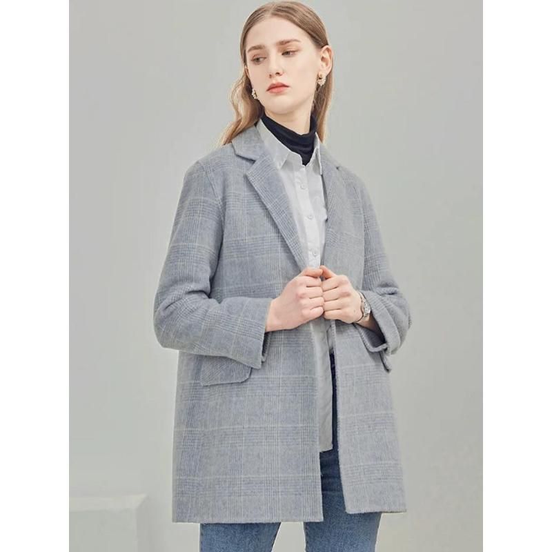 Abrigo de invierno elegante de mezcla de lana a cuadros para mujer