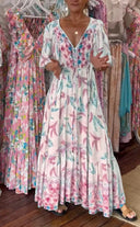 Women's Printed Deep-V Half-Sleeve A-Line Dress