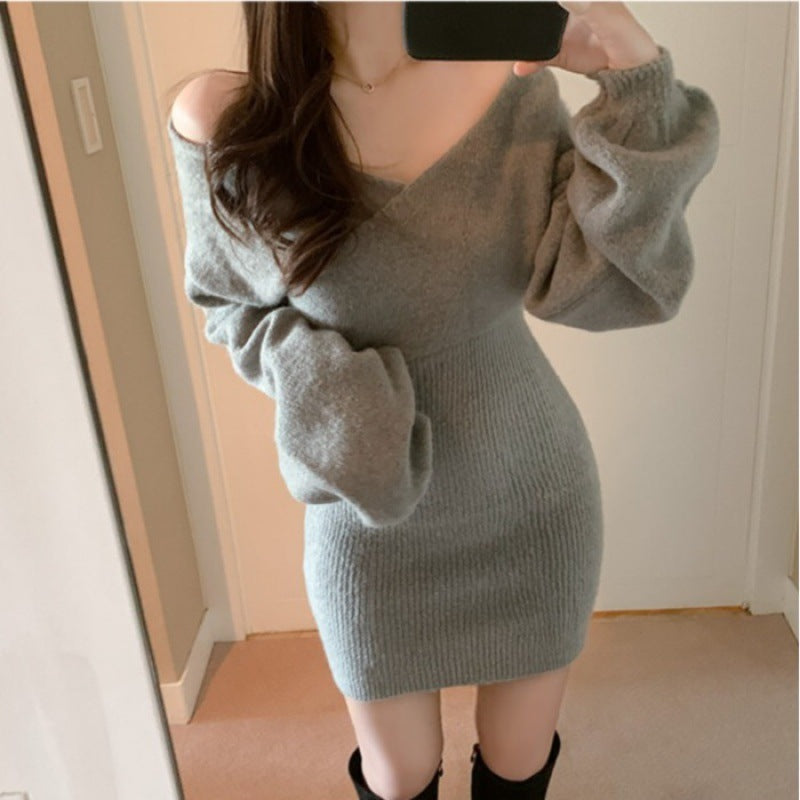 Cross V-neck Hip Women's Knitted Dress Sweater