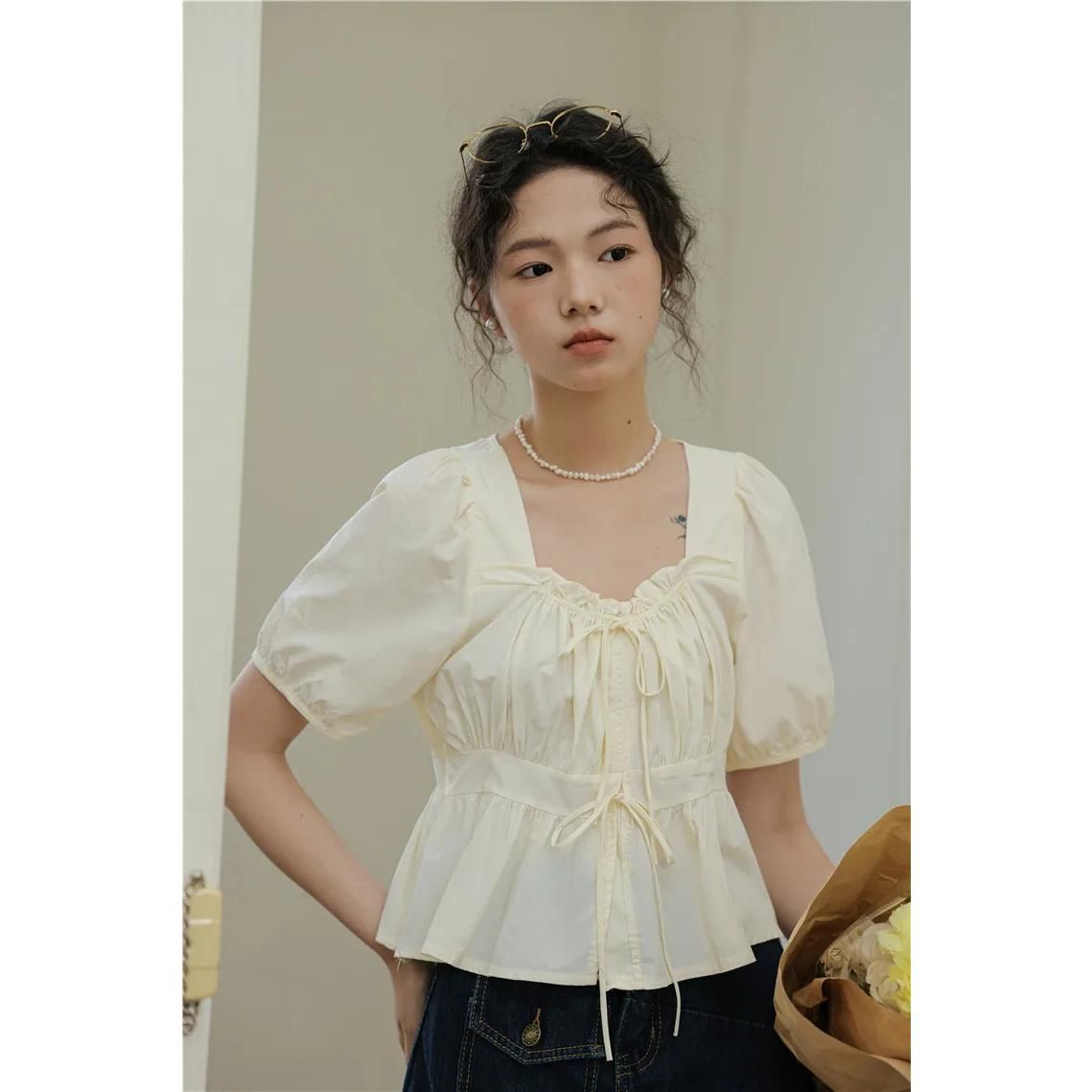 Elegant Vintage Square Neck Puff Sleeve Blouse