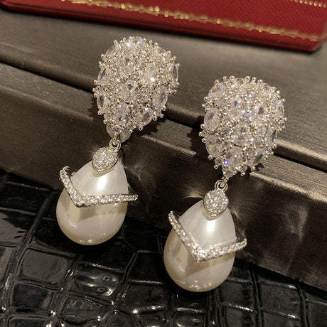 Super Sparkling Balloon S925 Silver Needle One Piece Dress Wave Elegant Drop Pearl Earrings - Dazpy