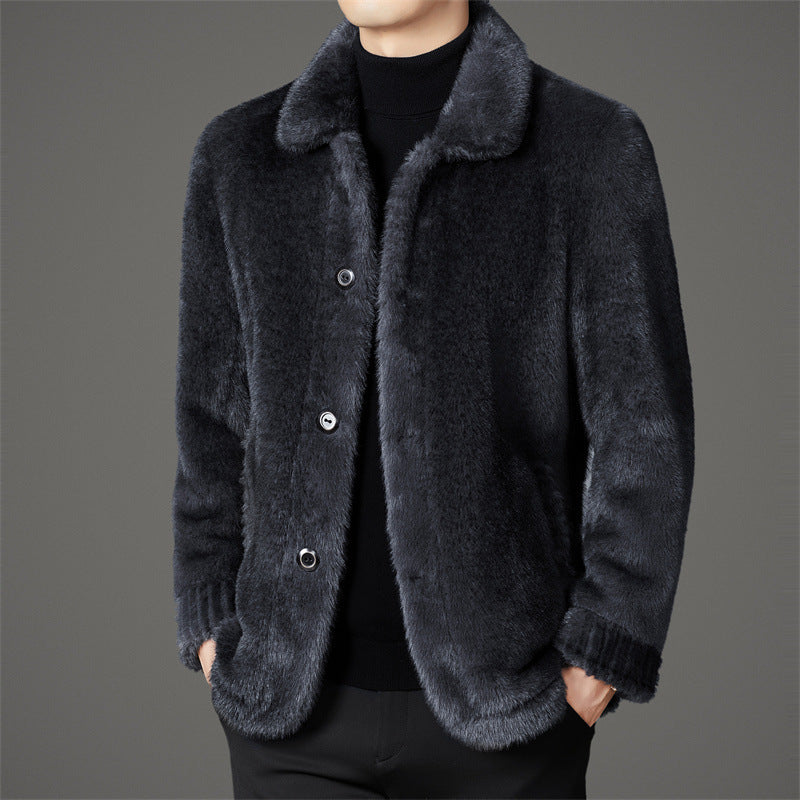 Men's Winter Middle-aged Lapel Golden Mink Leather Wool Coat