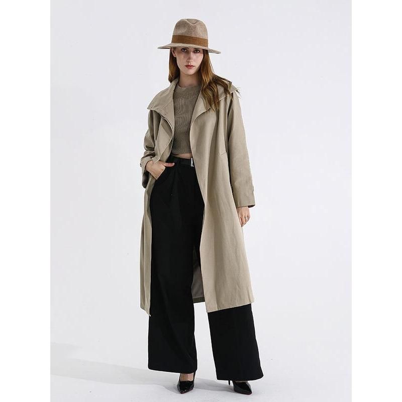 Chic Autumn Long Trench Coat with Stand Collar and Waist Bandage