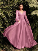Deep-V Long-Sleeve Chiffon Maxi Dress