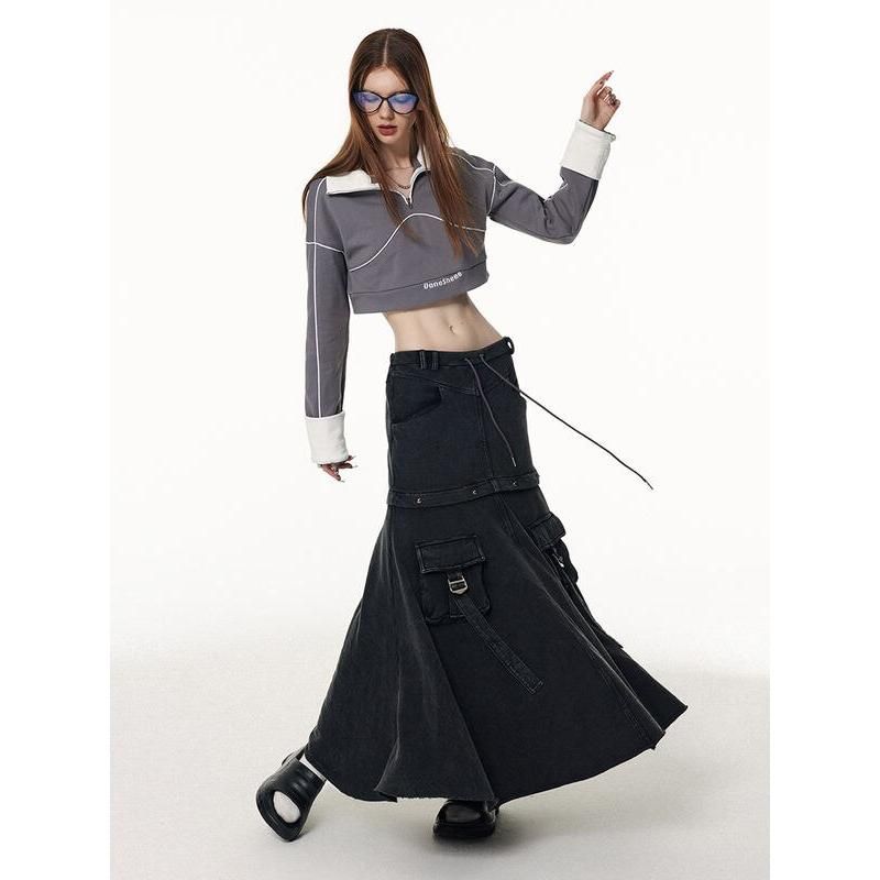 Versatile Two-Way Detachable Black Denim Skirt