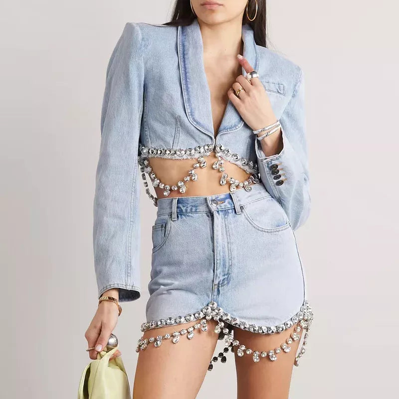 High Waist Diamond Patchwork Denim Mini Skirt with Pockets