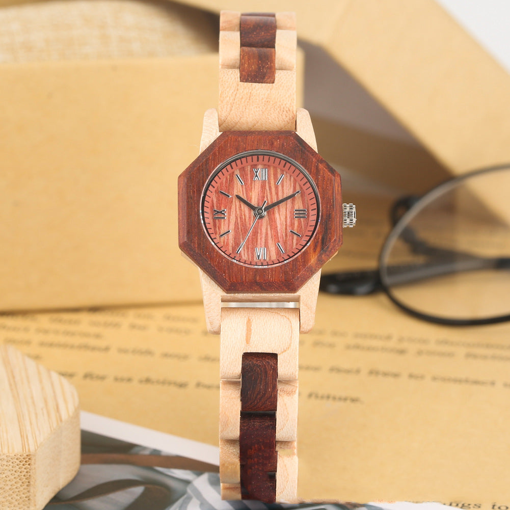 Bracelet Buckle Octagon Face Diamond Ladies Wooden Watch - Dazpy