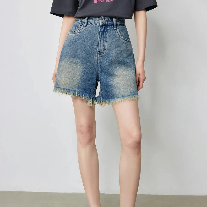 Jeansshorts mit hoher Taille und Quasten für Damen