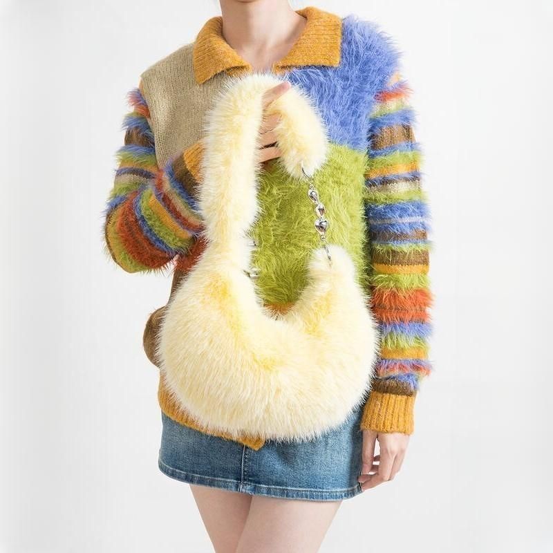 Chic Fuzzy Faux Fur Half Moon Shoulder Bag