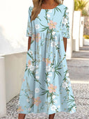 Vestido largo estampado de manga corta para mujer con bolsillos