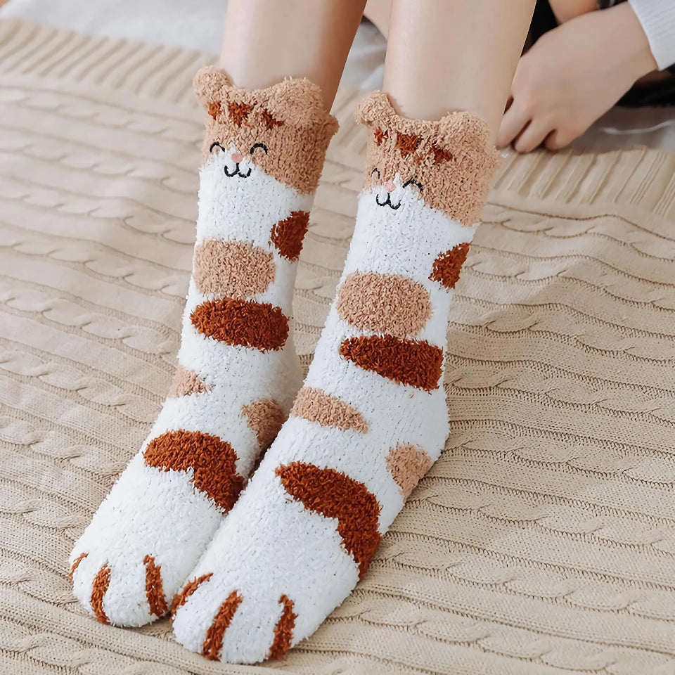 Süße Cartoon-Kätzchen-Fleece-Socken mit warmem Innenbereich – Kawaii-Katzenkrallen-Design