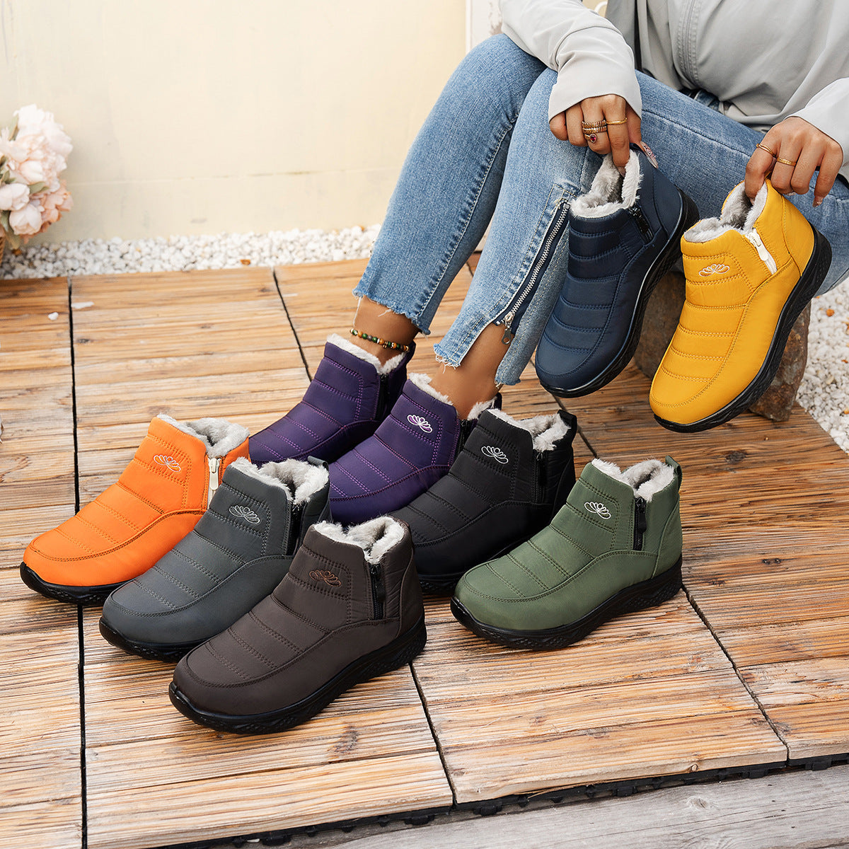 Botas de nieve de invierno con cremallera lateral, zapatos planos de felpa cálidos e informales, botines de vellón para mujer