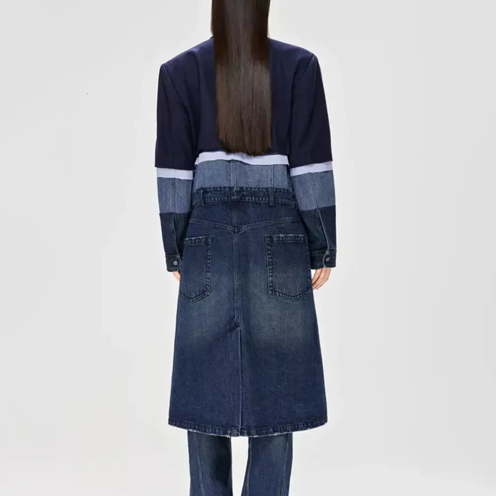 Trenchcoat aus Denim mit Patchwork-Muster