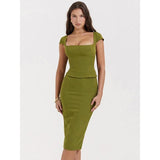 Green Sexy Women Two Piece Set - Square Collar Short Sleeve Tops And Midi Skirt Matching Sets