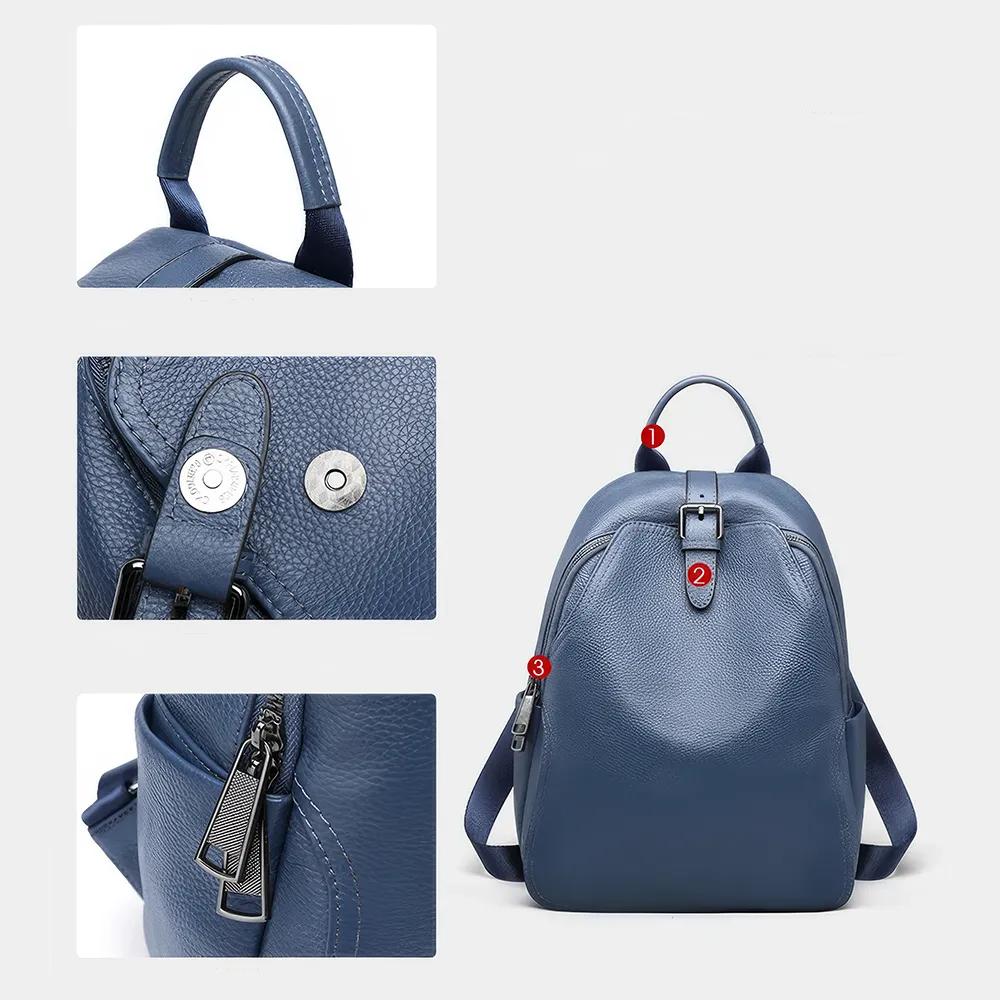 Elegante mochila de mujer de cuero gris azul