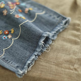 Boho Style Embroidered Wide Leg Denim Pants