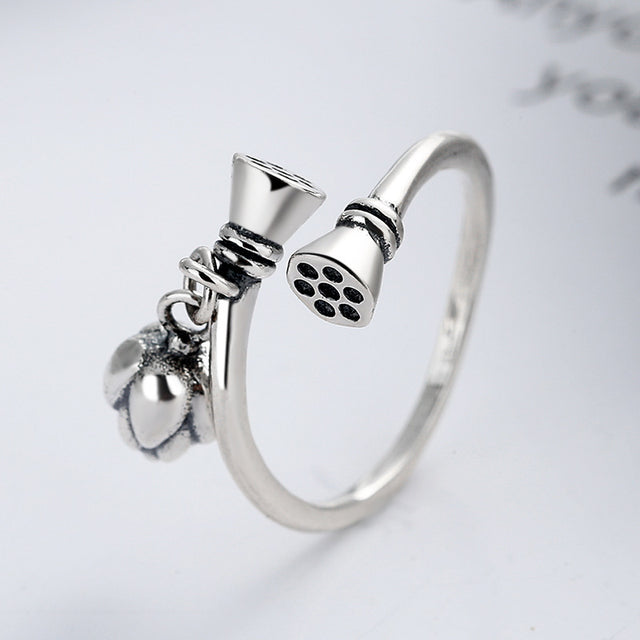 S925 Sterling Silver Vintage Distressed Lotus Ring - Dazpy