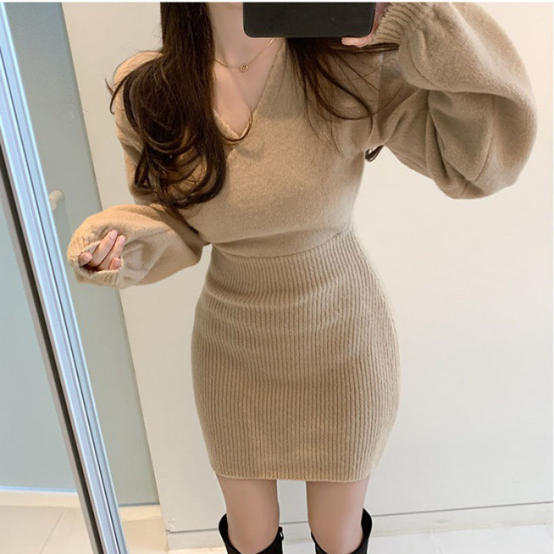 Cross V-neck Hip Women's Knitted Dress Sweater