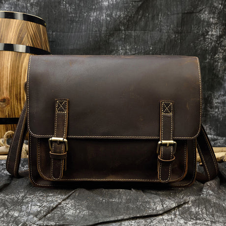 Men's Leather Messenger Bag A4 Flap Vintage Shoulder Briefcase - Dazpy