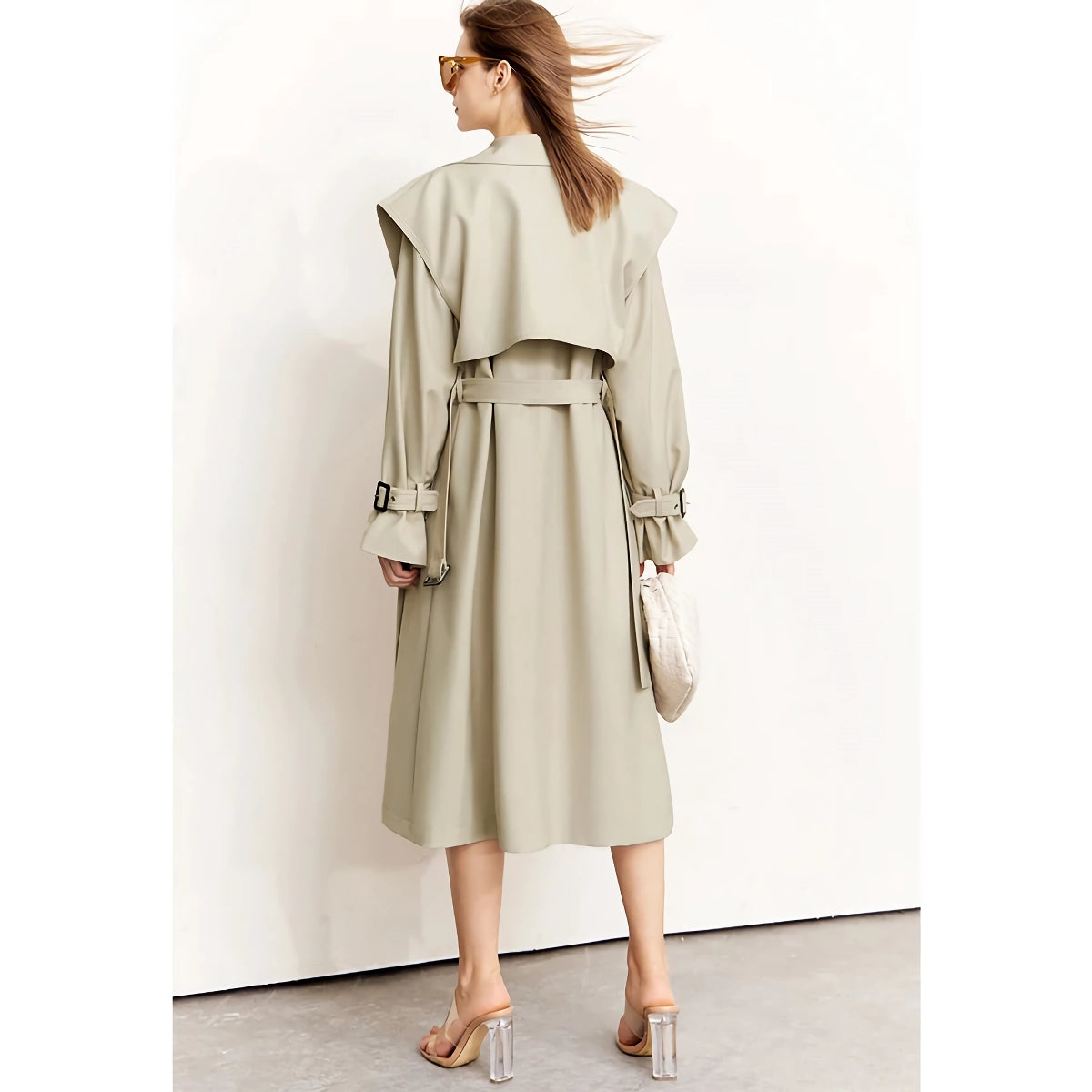 Minimalistischer langer Trenchcoat für Damen – Herbstlicher Umlegekragen, Patchwork, einreihig