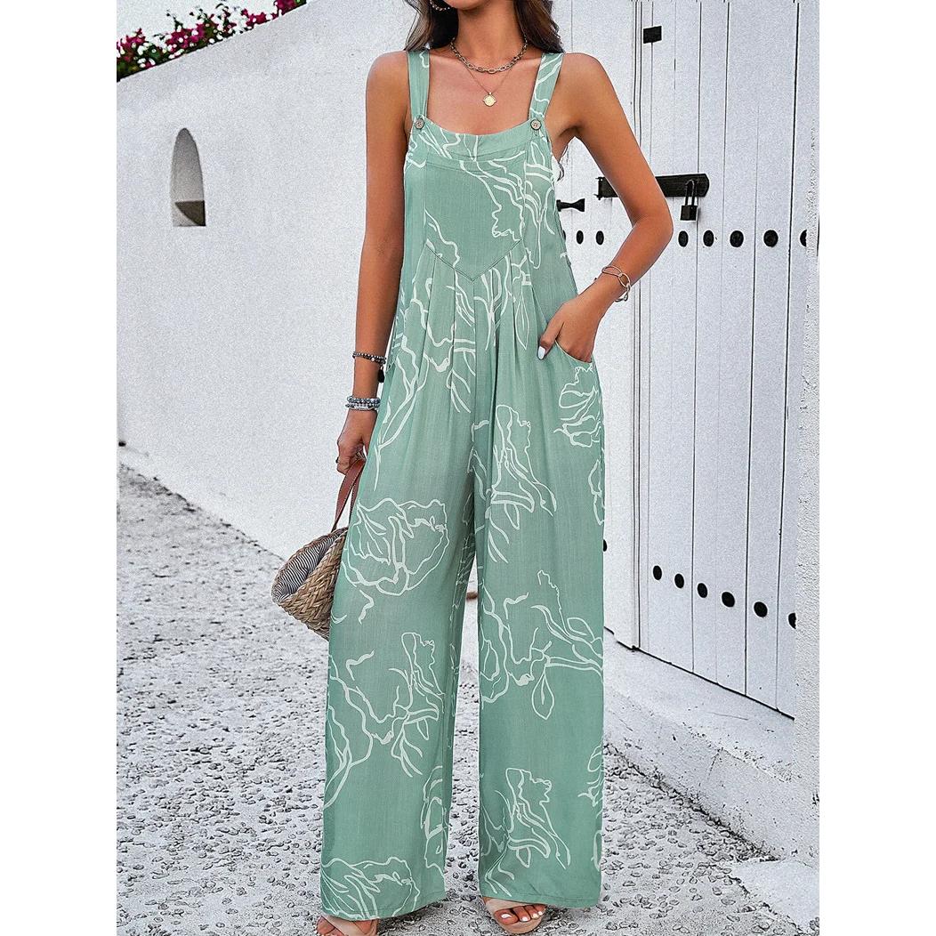 Elegant Wide-Leg Jumpsuit with Geometric Print and Suspenders