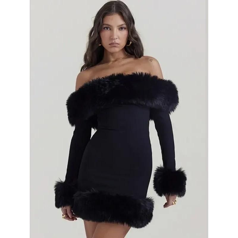 Elegant Off-Shoulder Fur-Trimmed Bodycon Mini Dress