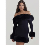 Elegant Off-Shoulder Fur-Trimmed Bodycon Mini Dress