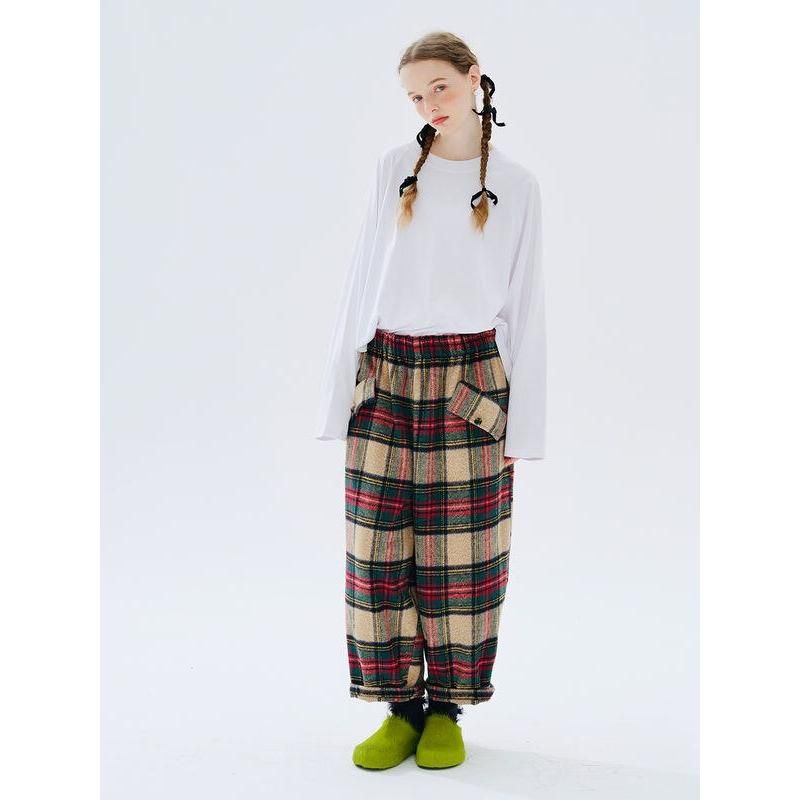 Plaid Wool-Blend Wide Leg Trousers for Women