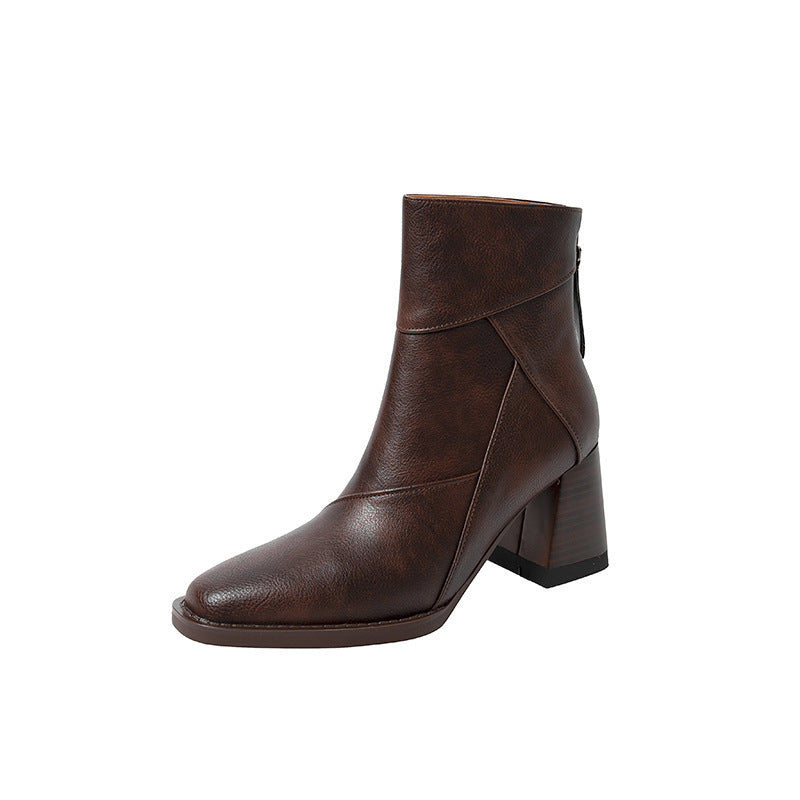 Botas de tacón grueso para mujer, estilo británico, marrón, estilo retro